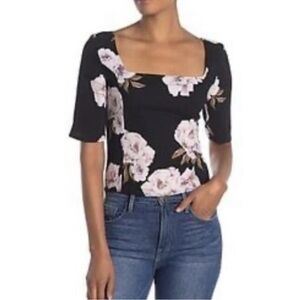 Free Press Square Neck Elbow Sleeve Top Floral Blouse Women